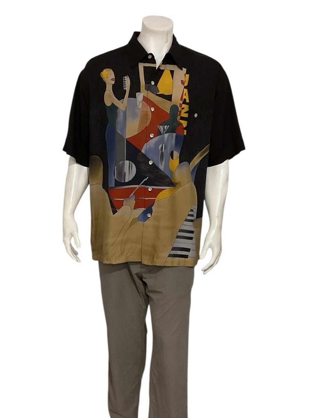 Tori Richard Black Multi-Color Jazz Graphic Button-Down Shirt